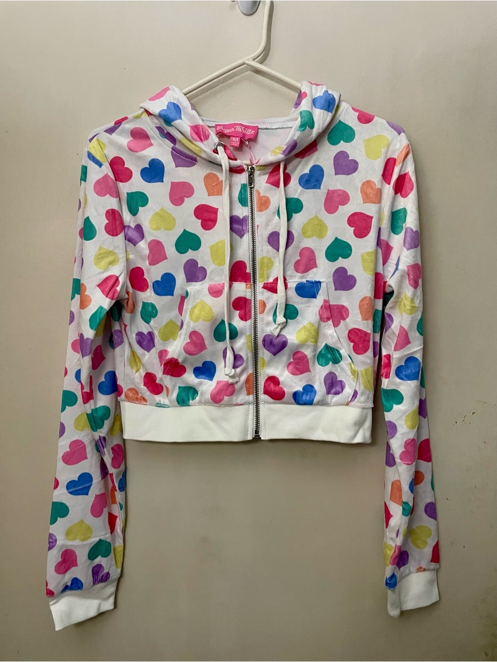 Dolls Kill Sugar Thrillz multicoloured heart zip up hoodie size medium NWT